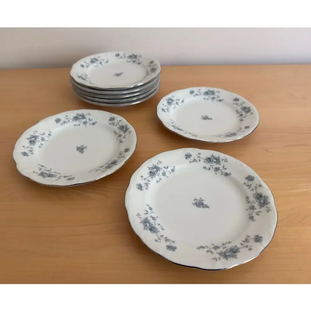 Vintage Johann Haviland Blue Garland Plates Set of 8 Germany China Platinum Trim